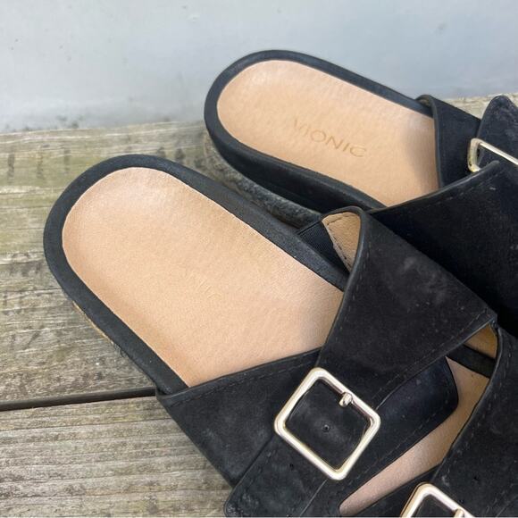 Vionic Black Suede Leather Glow Gia Slide Espadrille Sandal jute trim Size 7 - Picture 2 of 6